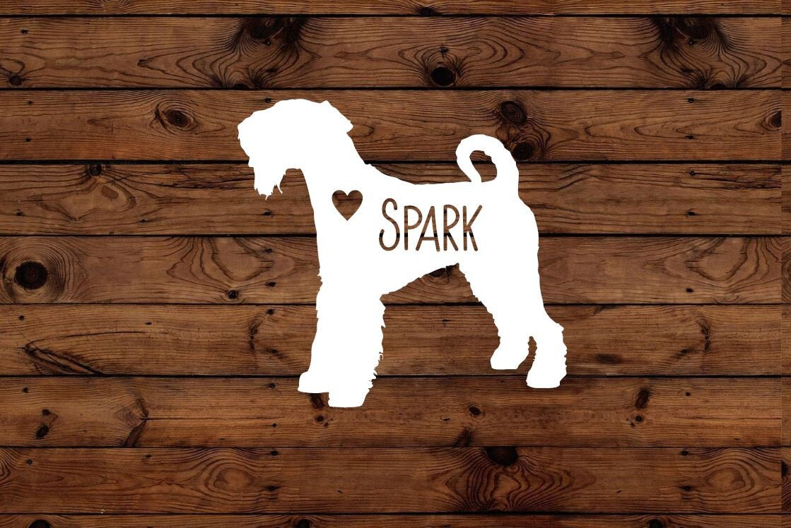 Custom Airedale Terrier Vinyl Decal - Silhouette with Heart and Name - Many color options