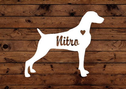 Weimaraner Vinyl Decal Silhouette with Heart and Name - Weim - Hunting Dog - Many color options