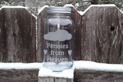 Pennies from Heaven Savings Bank - Quart Size Smooth Sided Mason Jar - Glass Bank with Coin Slot Lid - Piggy Bank