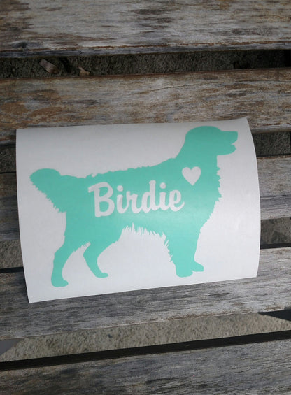 Golden Retriever Vinyl Decal - Silhouette with Heart and Name - Many color options / Custom Decal / Personalize with Name