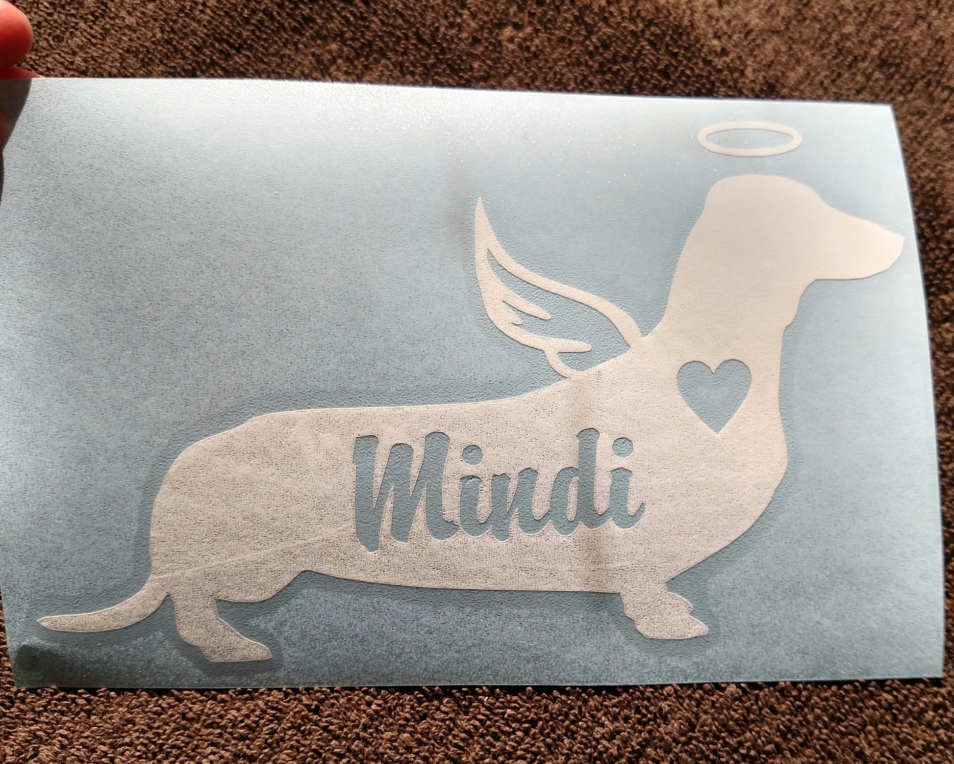 Angel Dachshund Vinyl Decal - Silhouette with Heart, Name, Wings and Halo - Many color options