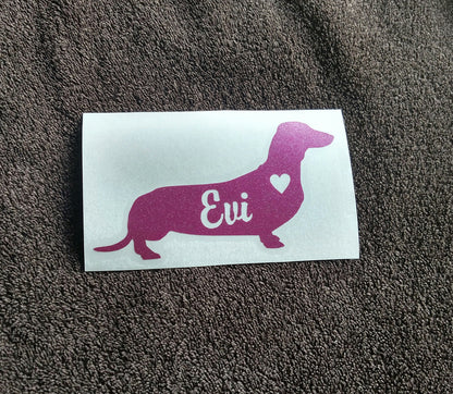 Dachshund - Silhouette with Heart and Name - Vinyl Graphic Decal Many color options