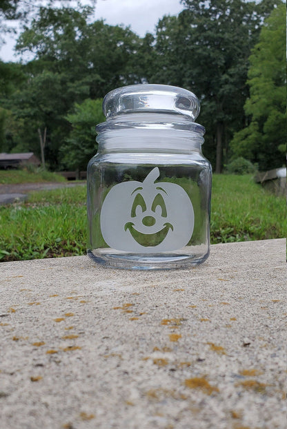 Pumpkin Halloween Theme Snack Jar -  Engraved - 16 Ounce Glass Jar with Glass Dome Lid