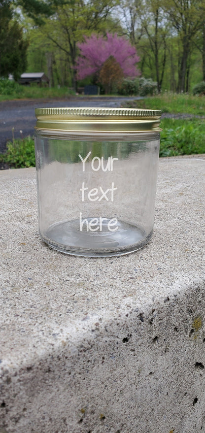 Personalized Engraved 16 Ounce Glass Jar with Screw On White or Gold Lid