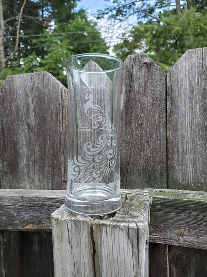 Peacock Bud Vase / Flower Vase / Etched Glass