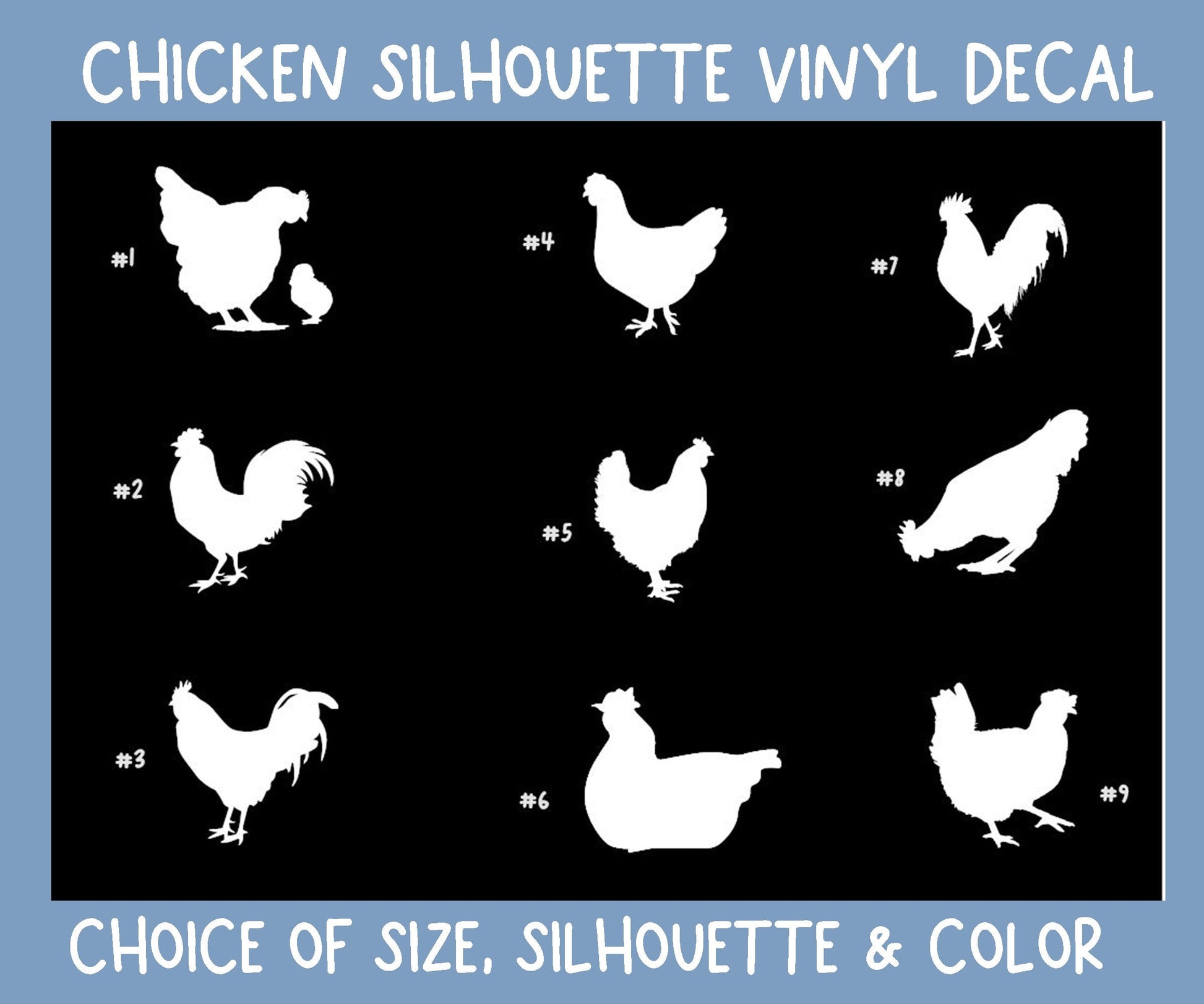 Chicken Silhouette Vinyl Decal, Chicken Lover, Custom Decal, You Choose Design, Color and Height
