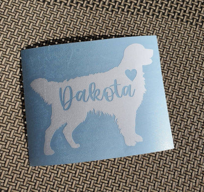 Golden Retriever Vinyl Decal - Silhouette with Heart and Name - Many color options / Custom Decal / Personalize with Name