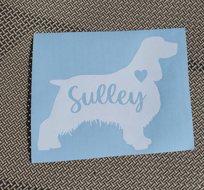 English Springer Spaniel Vinyl Decal - Silhouette with Heart and Name - Many color options