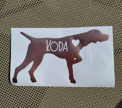 German ShortHaired Pointer - Pointing Dog - Hunting Dog- Silhouette with Heart and Name - Vinyl Graphic Decal / Custom Decal / Personalized