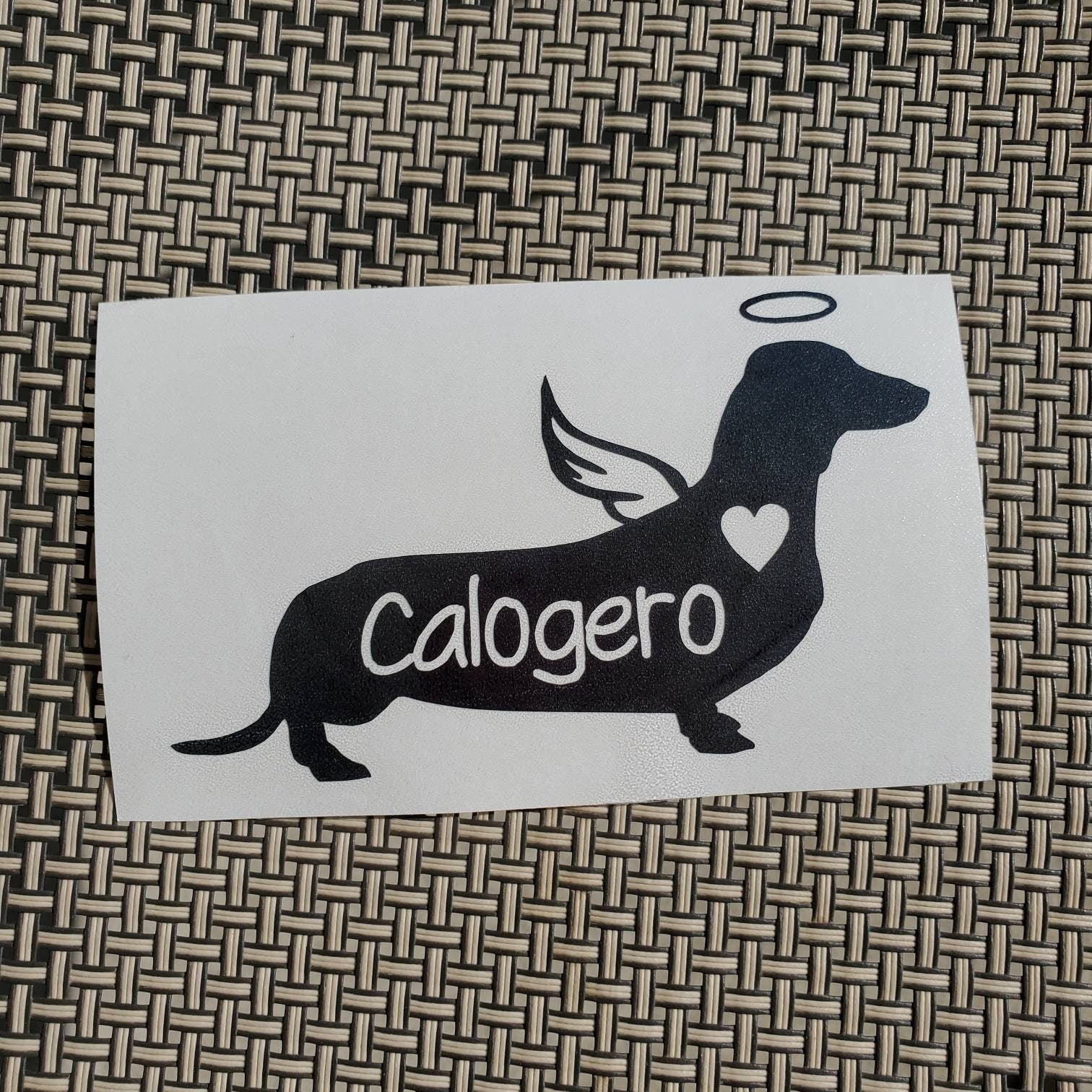 Angel Dachshund Vinyl Decal - Silhouette with Heart, Name, Wings and Halo - Many color options