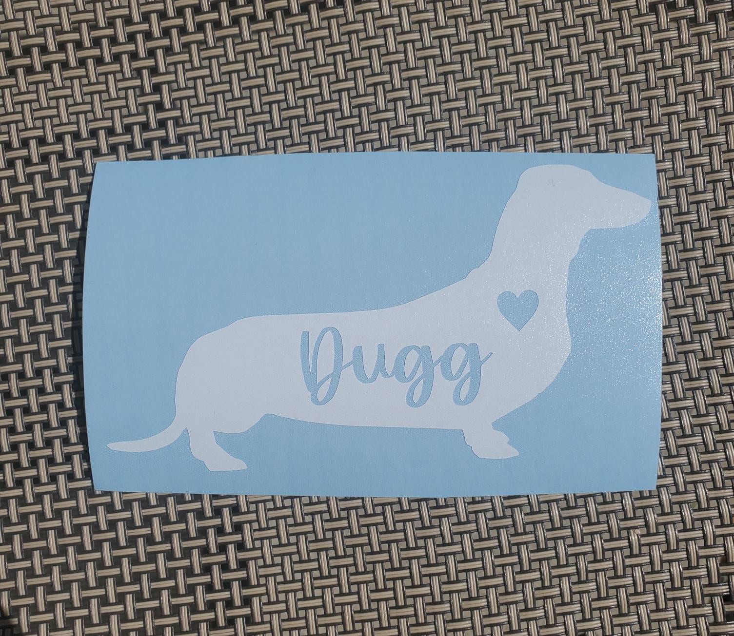 Dachshund - Silhouette with Heart and Name - Vinyl Graphic Decal Many color options