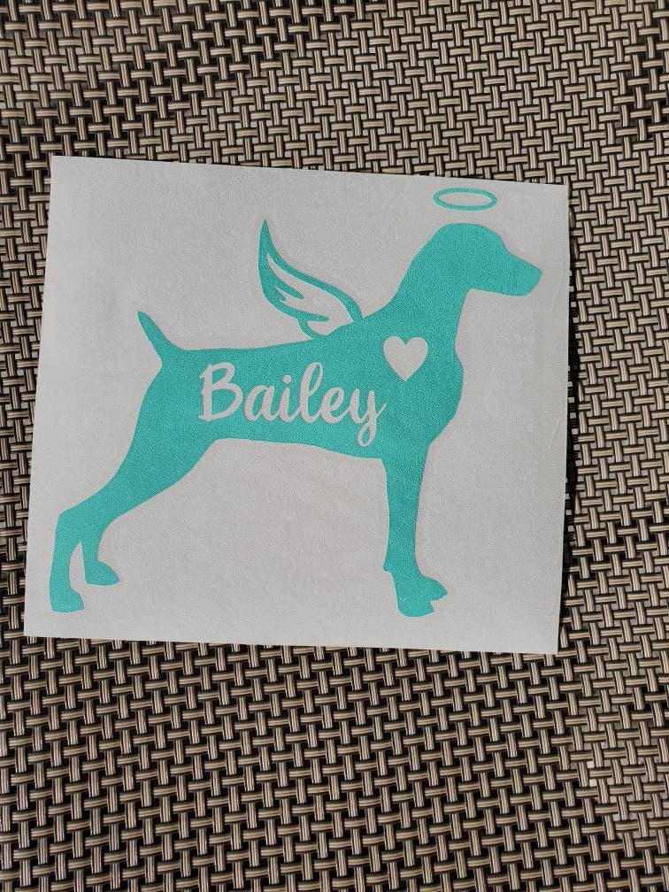 Angel Weimaraner Vinyl Decal Silhouette with Heart, Name, Wings and Halo -Many color options