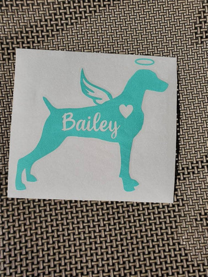 Angel Weimaraner Vinyl Decal Silhouette with Heart, Name, Wings and Halo -Many color options