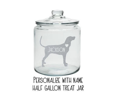 Personalized Coonhound Half Gallon Treat Jar - Etched Glass or Vinyl Decal  - Pet Treat Jar, Dog Treat Jar, Pet Lover Gift