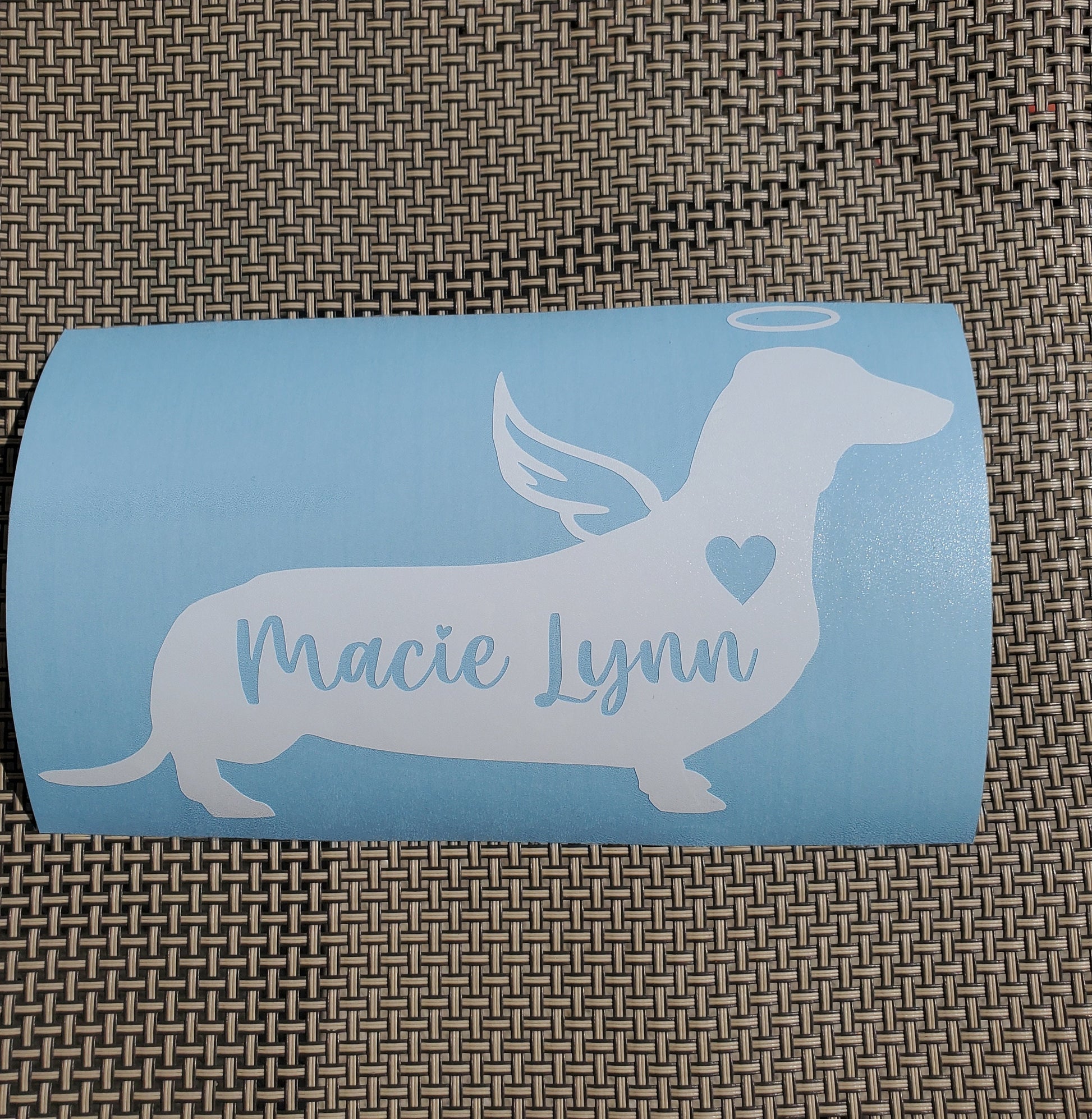 Angel Dachshund Vinyl Decal - Silhouette with Heart, Name, Wings and Halo - Many color options