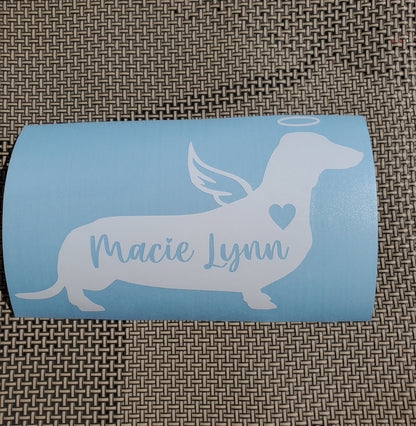 Angel Dachshund Vinyl Decal - Silhouette with Heart, Name, Wings and Halo - Many color options