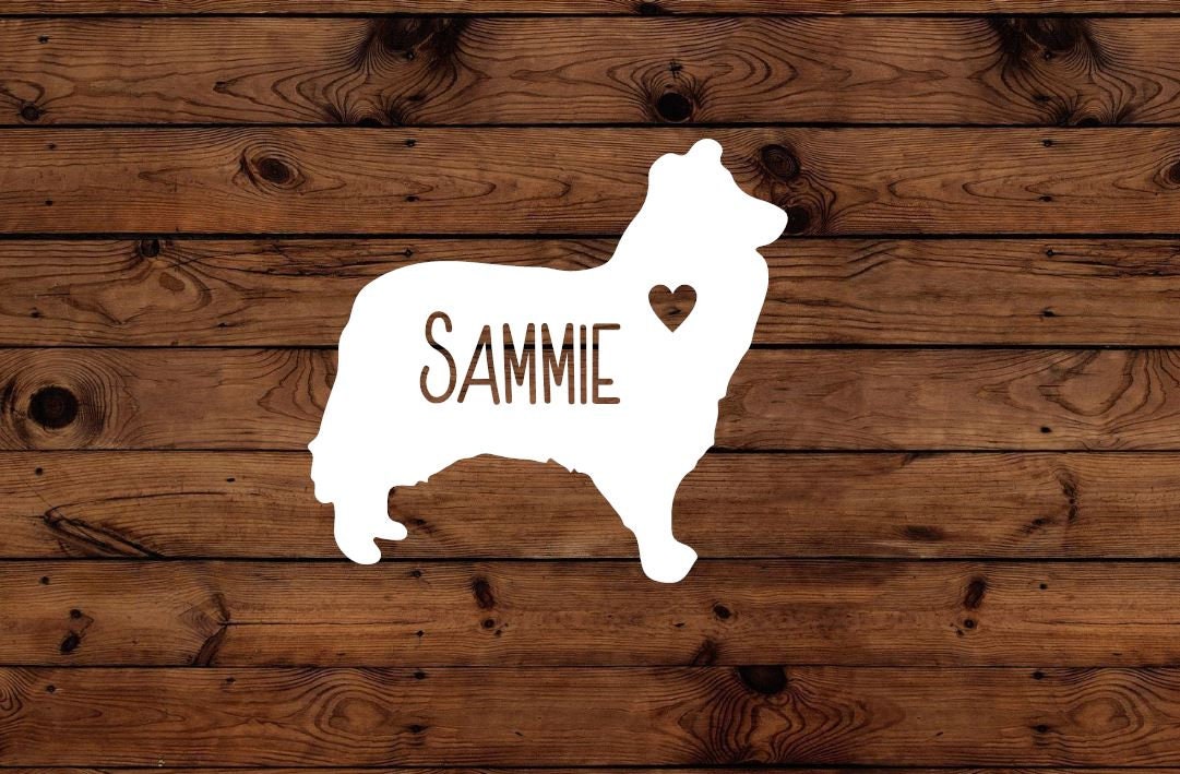 Collie Vinyl Decal - Silhouette with Heart and Name - Many color options