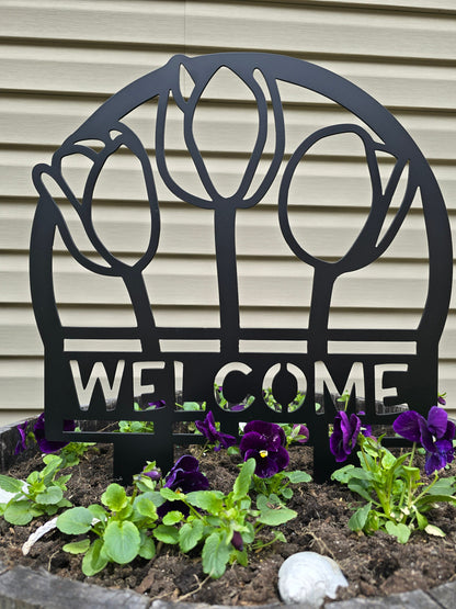 Metal Yard Art Décor Tulip Welcome Sign, Many Color Options, Garden Stake, Yard Stake