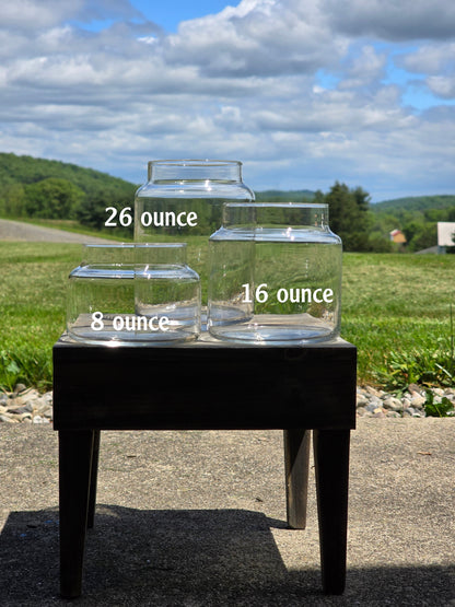 26 ounce Candy Jar - Personalized Etched - Your Text or Logo with Glass Top Lid or Wood Lid - Unique Gift, Custom, Snack Jar