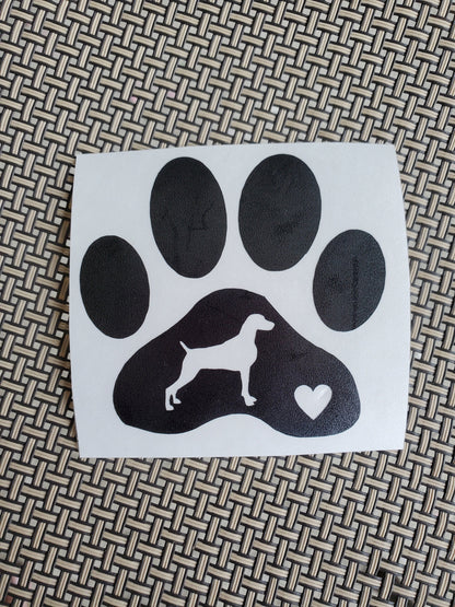 Paw Print with Weimaraner and Heart - Vinyl Graphic Decal Many color options