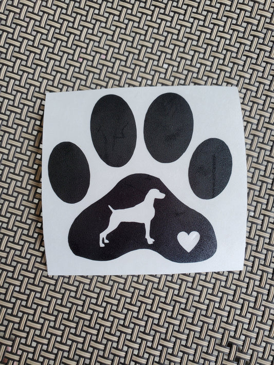 Paw Print with Weimaraner and Heart - Vinyl Graphic Decal Many color options