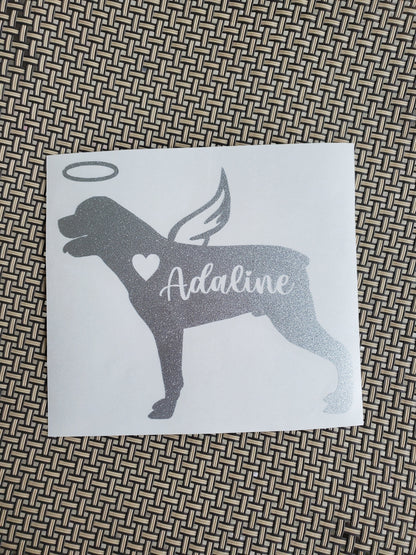 Personalized Angel Rottweiler Decal, Silhouette with Heart and Name, Many color options