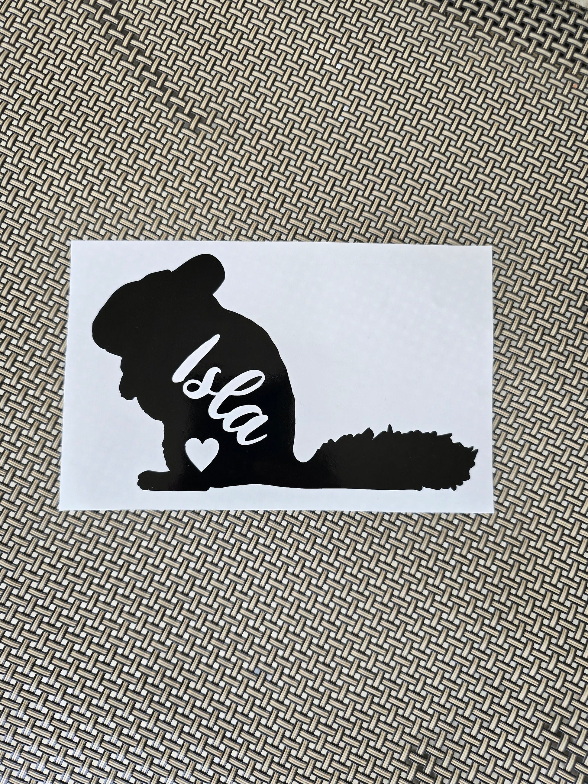 Chinchilla - Silhouette with Heart and Name - Vinyl Graphic Decal Many color options