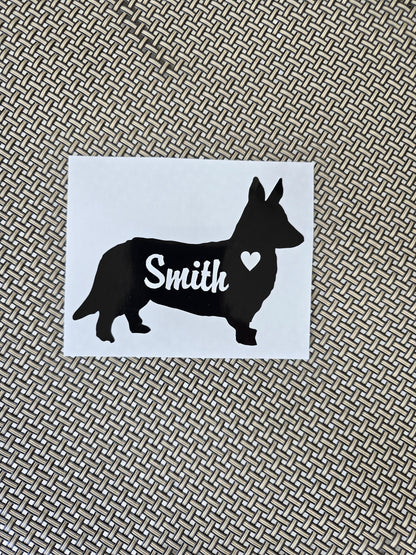 Custom Welsh Corgi Vinyl Decal - Silhouette with Heart and Name - Many color options