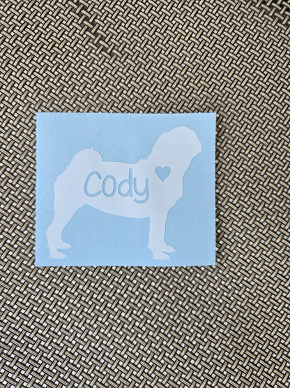 Personalized Pug Vinyl Decal, Silhouette with Heart and Name, Many color options