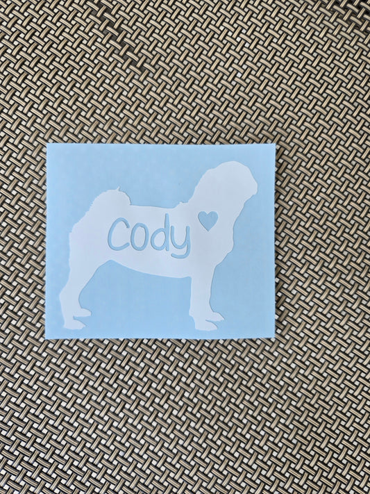 Personalized Pug Vinyl Decal, Silhouette with Heart and Name, Many color options