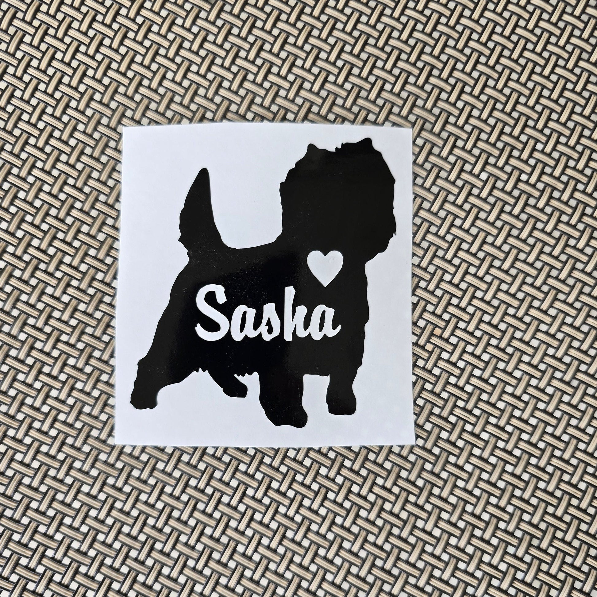 Cairn Terrier Vinyl Decal - Silhouette with Heart and Name - Many color options