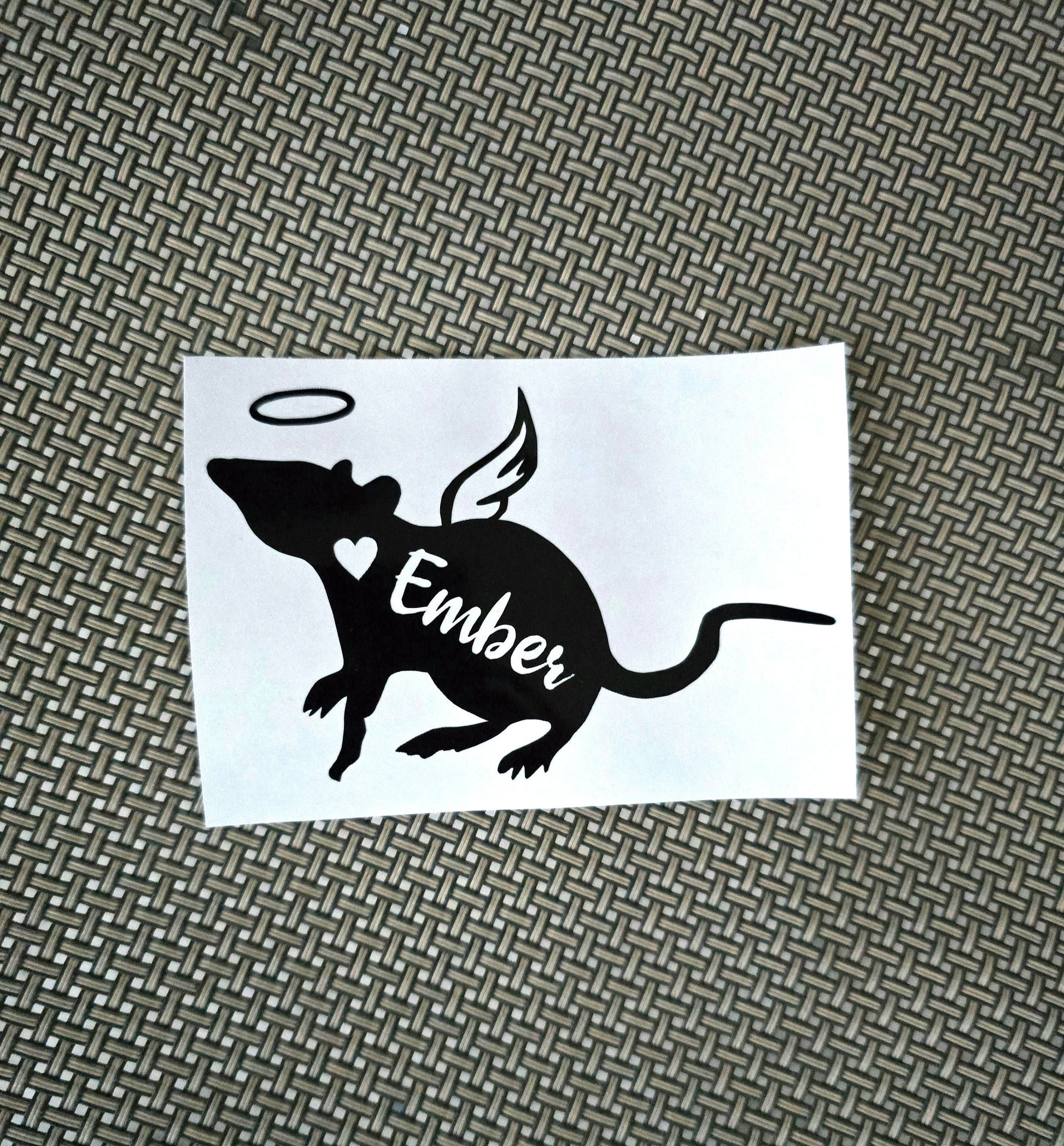 Angel Rat Vinyl Decal - Silhouette with Heart, Name, Wings and Halo - Many color options