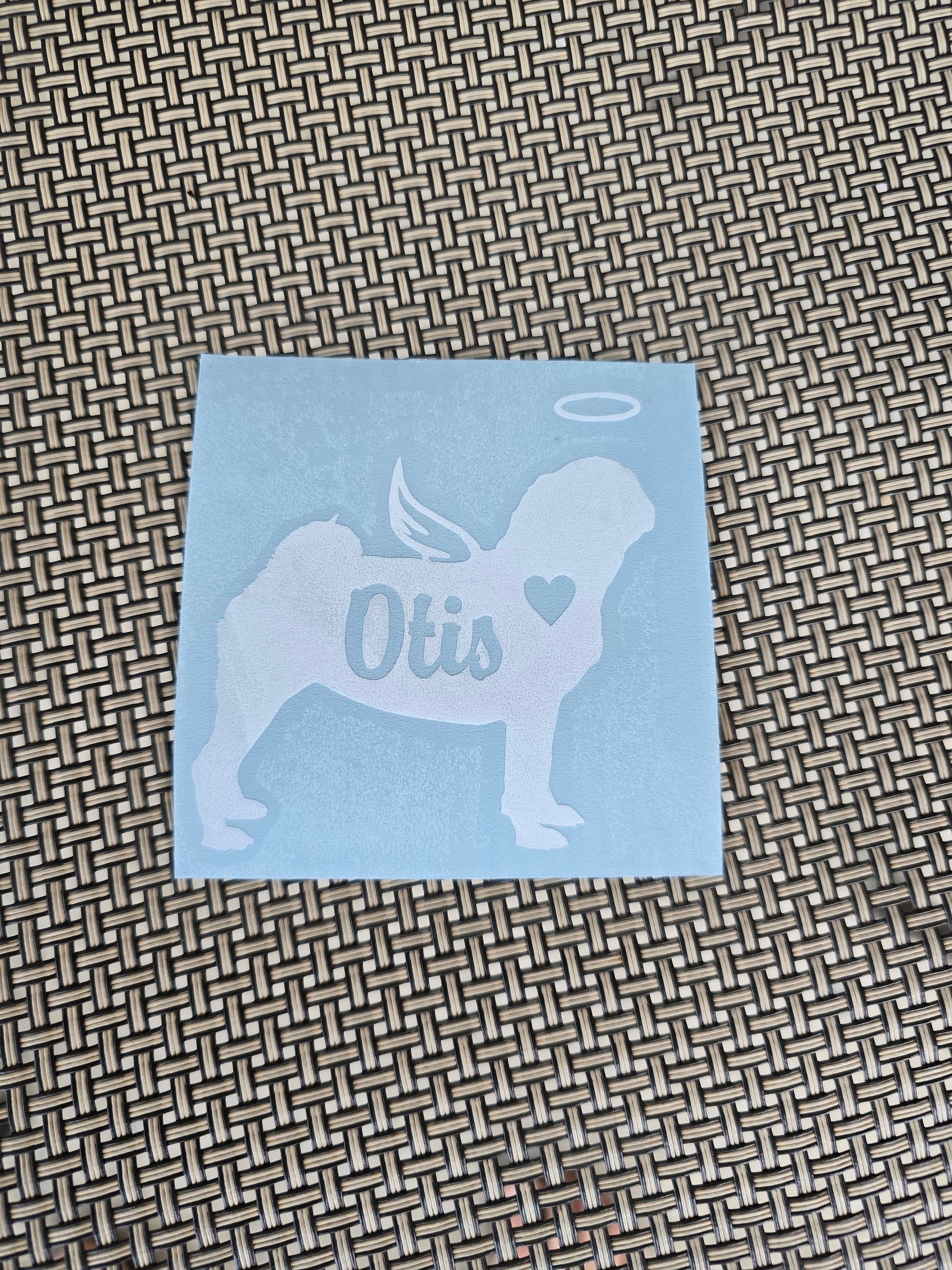 Personalized Angel Pug Vinyl Decal, Silhouette with Heart and Name, Many color options
