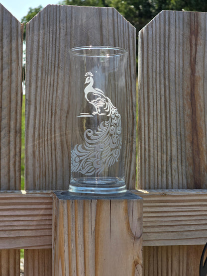 Peacock Bud Vase / Flower Vase / Etched Glass