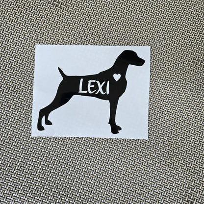 Weimaraner Vinyl Decal Silhouette with Heart and Name - Weim - Hunting Dog - Many color options