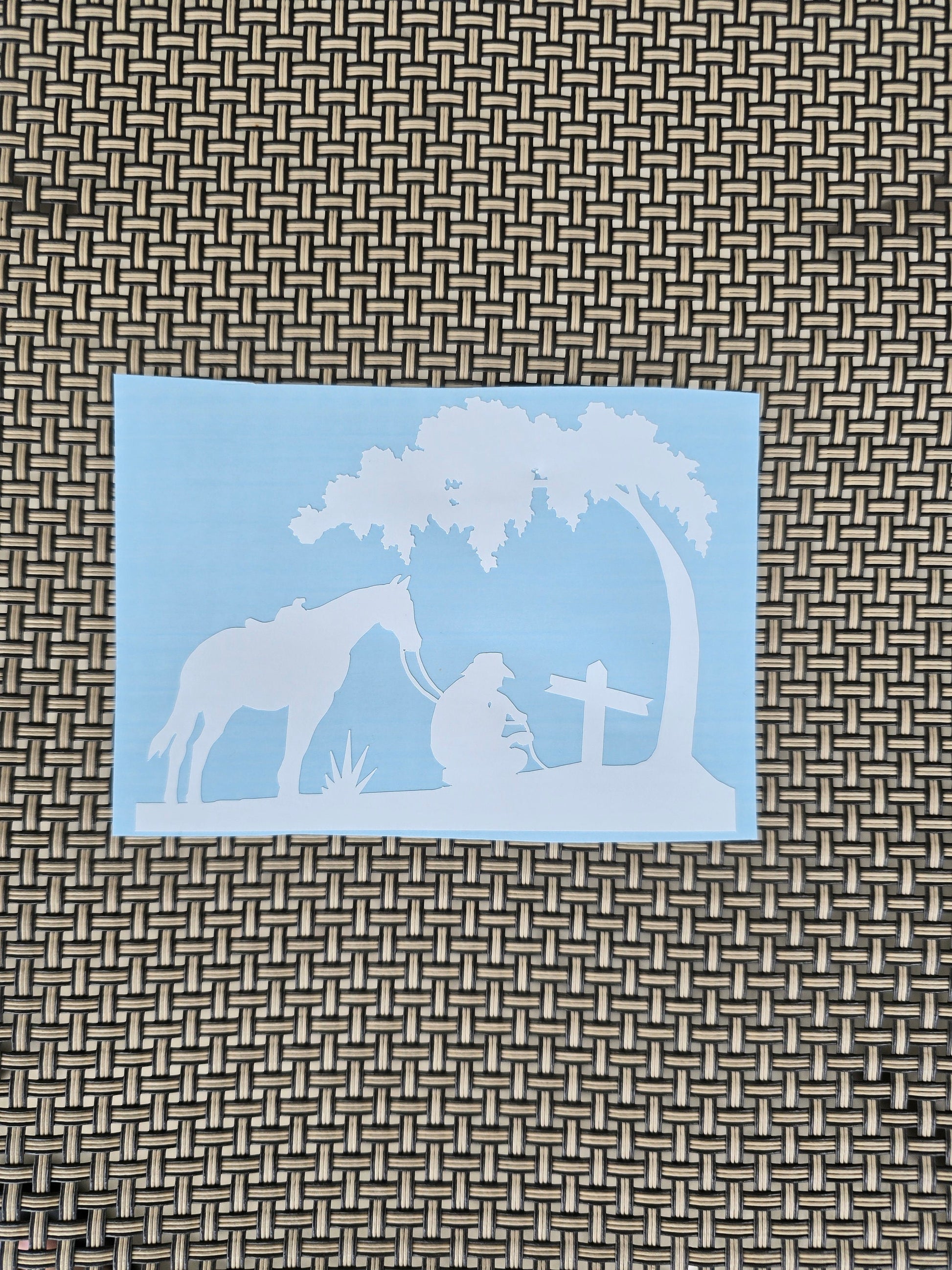 Cowboy Kneeling with Horse and Tree Vinyl Graphic Decal