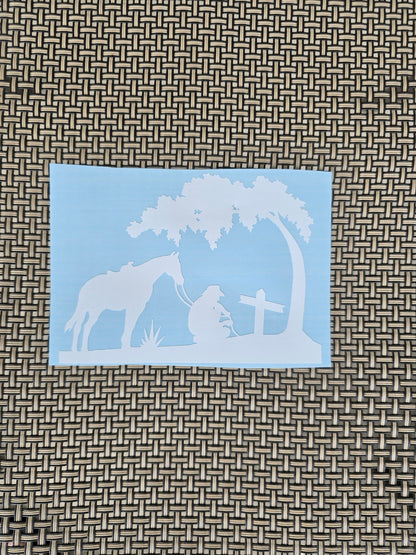 Cowboy Kneeling with Horse and Tree Vinyl Graphic Decal