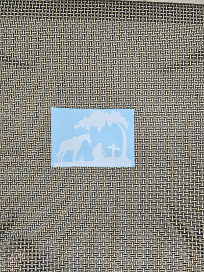 Cowboy Kneeling with Horse and Tree Vinyl Graphic Decal